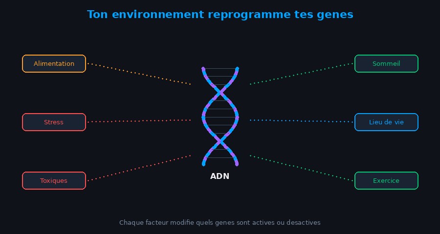 Schéma des facteurs environnementaux qui modifient l'expression des gènes : alimentation, stress, toxiques, sommeil, lieu de vie, exercice