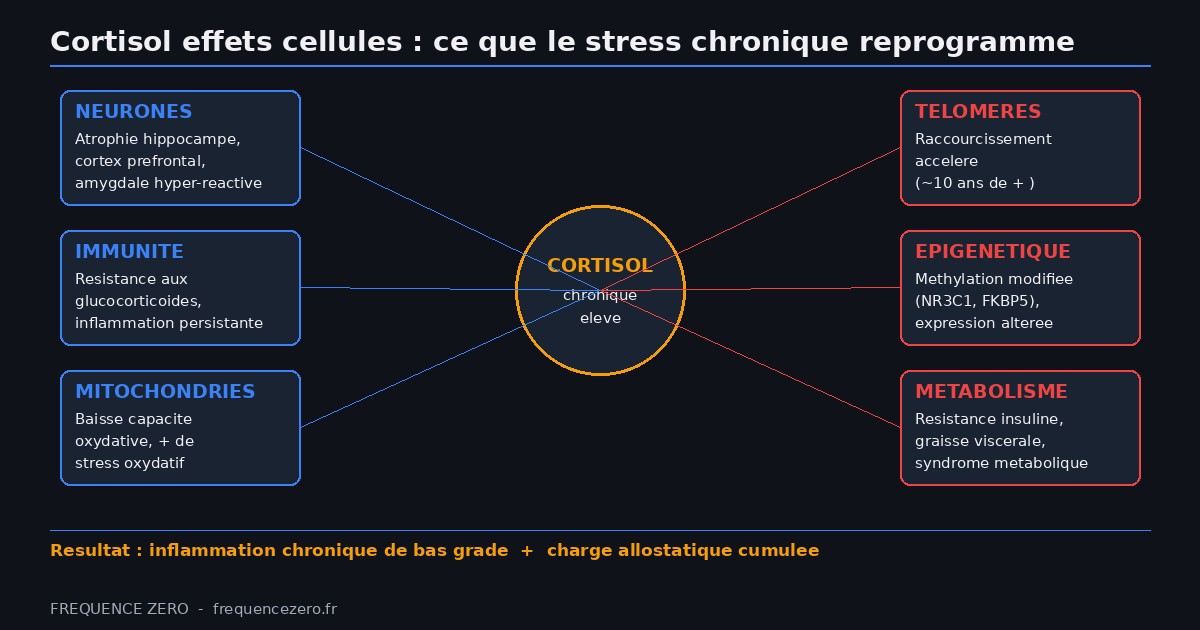 Schéma des effets cellulaires du stress chronique et du cortisol : impact sur l'hippocampe et le cortex préfrontal, résistance aux glucocorticoïdes des cellules immunitaires, dysfonction mitochondriale, raccourcissement des télomères, modifications épigénétiques et charge allostatique cumulée